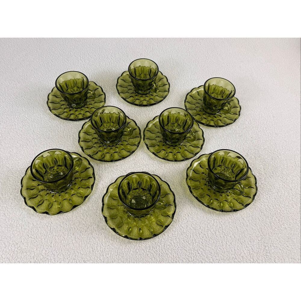 Vintage Anchor Hocking Fairfield Saucer/Cup Set Of 8 - Avocado Green Glass 1970s